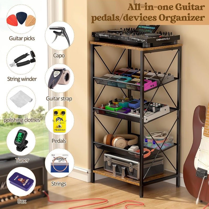ThreeHio Guitar Pedal Organizer, 5 Tier Tuner Pedal Storage Shelf, Vintage Pedal Board Holder Stand, Freestanding Wooden Music Tuning Accessories Organization for Bass Guitar Ukulele Violin - Image 2